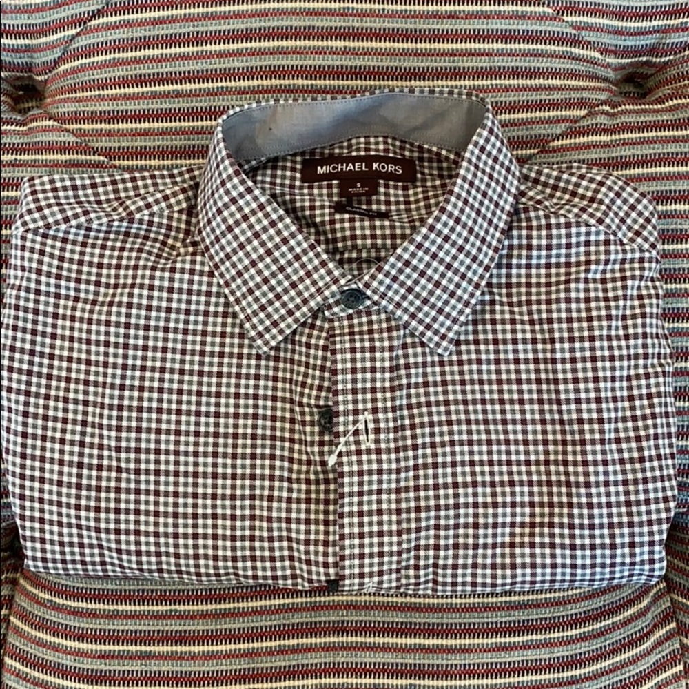 Men’s long sleeve blue and brown button down shirt